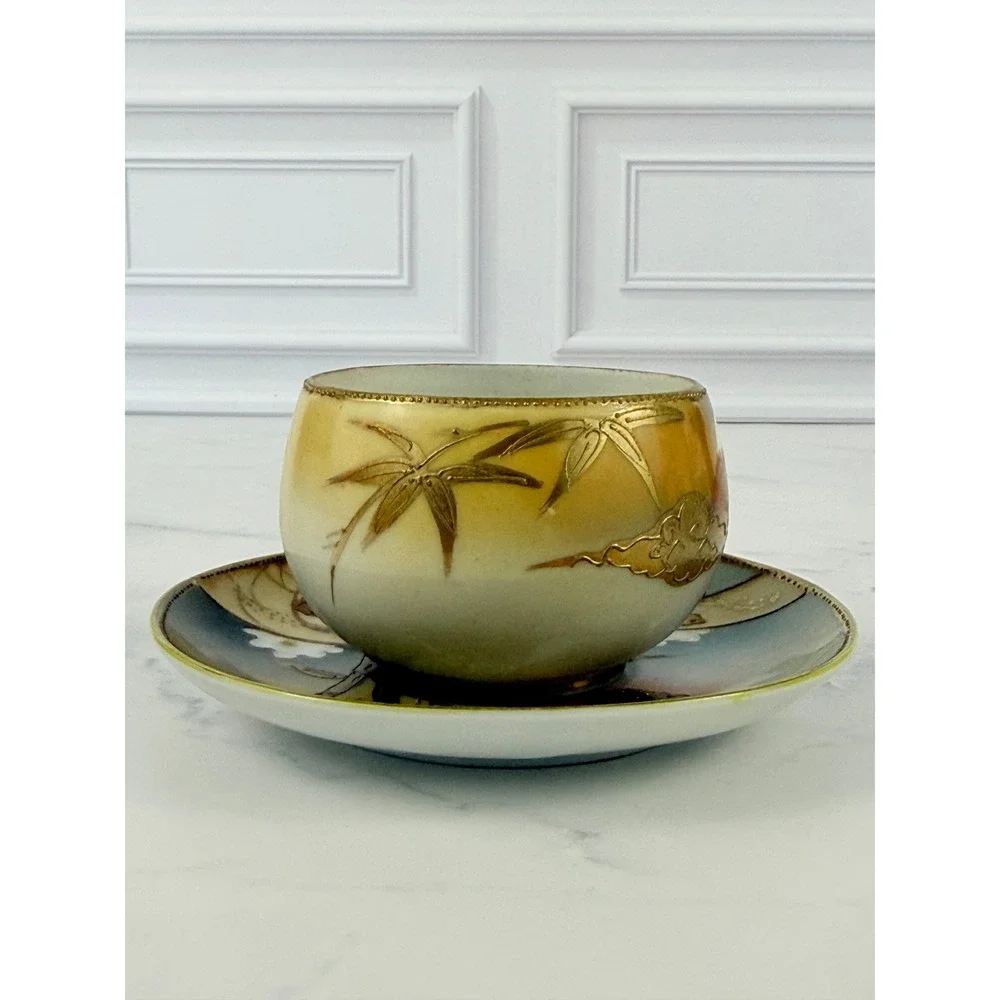 VTG Mt. Fuji Japan Hand Painted Teacup and Saucer Bamboo Gilded